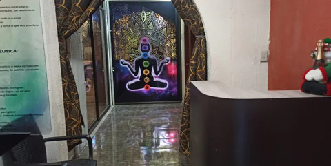 SIRONA's interior hallway with a mural, arches and reception desk.