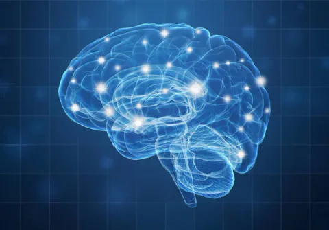 Digital illustration of a brain with points of light.